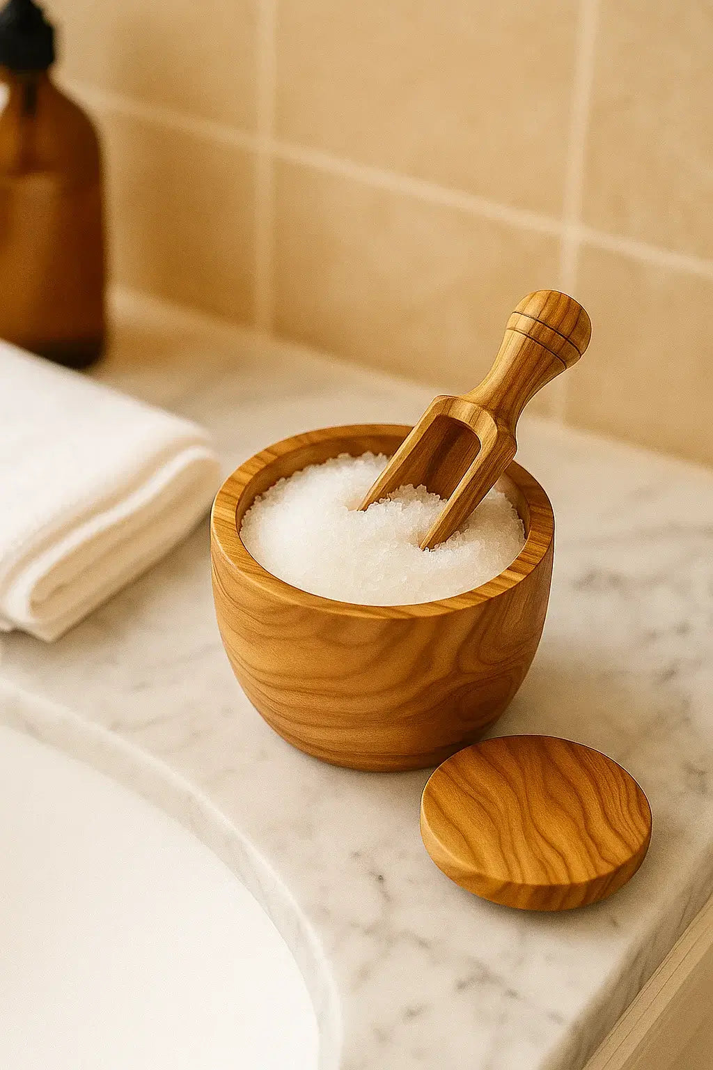 Olivenholzdose mit Schippchen für Badesalze | ELARIA